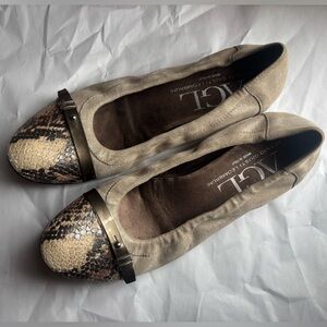 AGL Taupe and Snake Print Flats with Metallic Trim